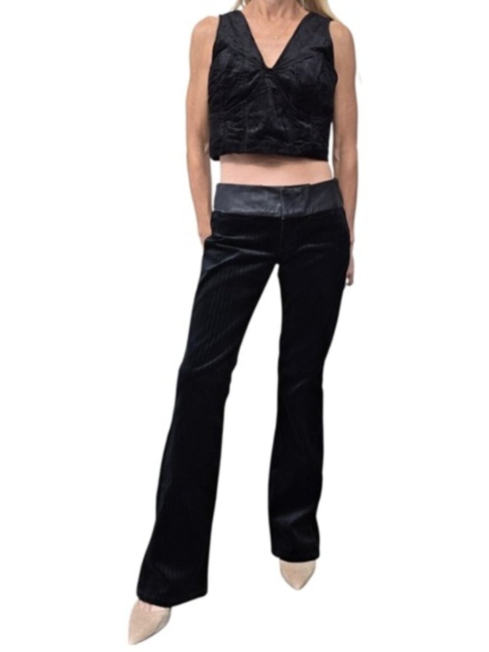 Vintage Y2K Billy Blues Velvet Leather Waist Flare Pants 4 Black